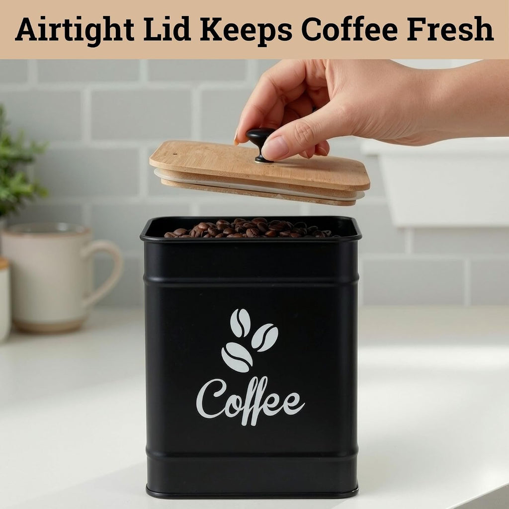 Airtight Coffee Canister 40 oz, 6"x 8" Metal Jar w/ Rubber-Lined Bamboo Lid | 40oz Large Iron, Airtight Coffee