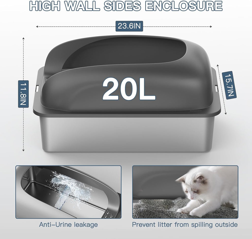 Cat Stainless Steel Litter Box with Lid, Kitty Extra Large Metal Litter Boxes XL High Sided with Mat and Scoop for