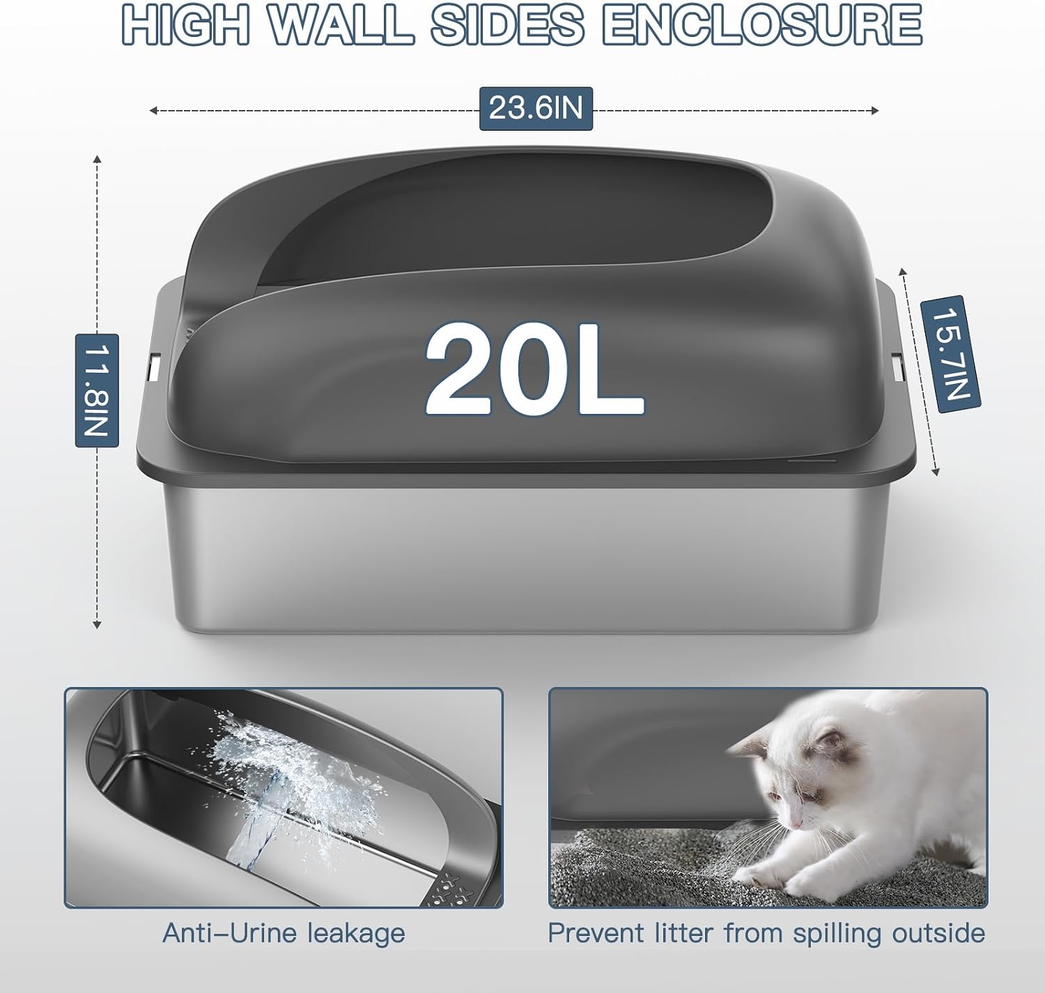 Cat Stainless Steel Litter Box with Lid, Kitty Extra Large Metal Litter Boxes XL High Sided with Mat and Scoop for