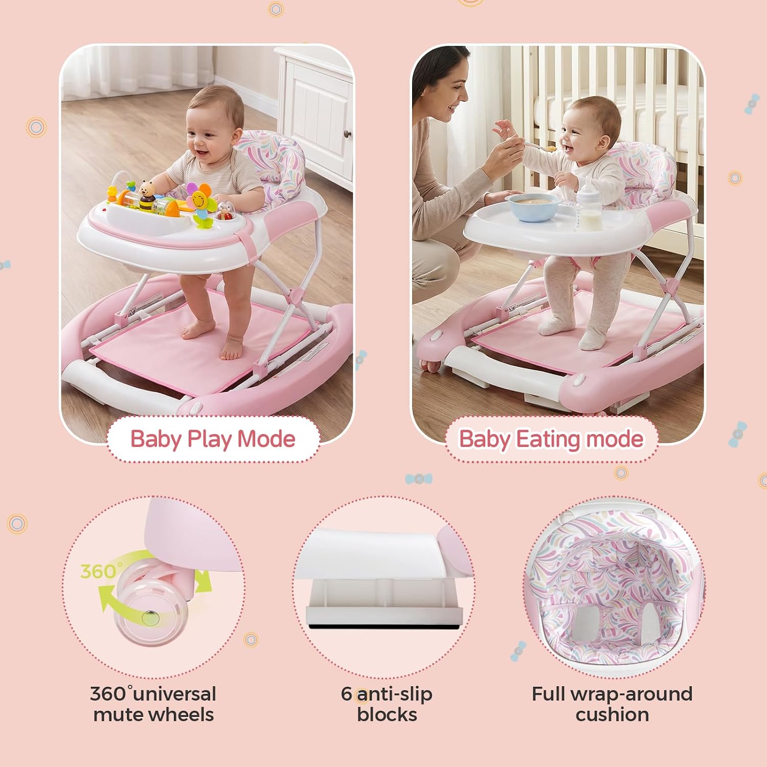 5 in 1 Baby Walker, Music and Lights Foldable Baby Walker with Wheels, 3 Adjustable Heights, with Bouncer Combo