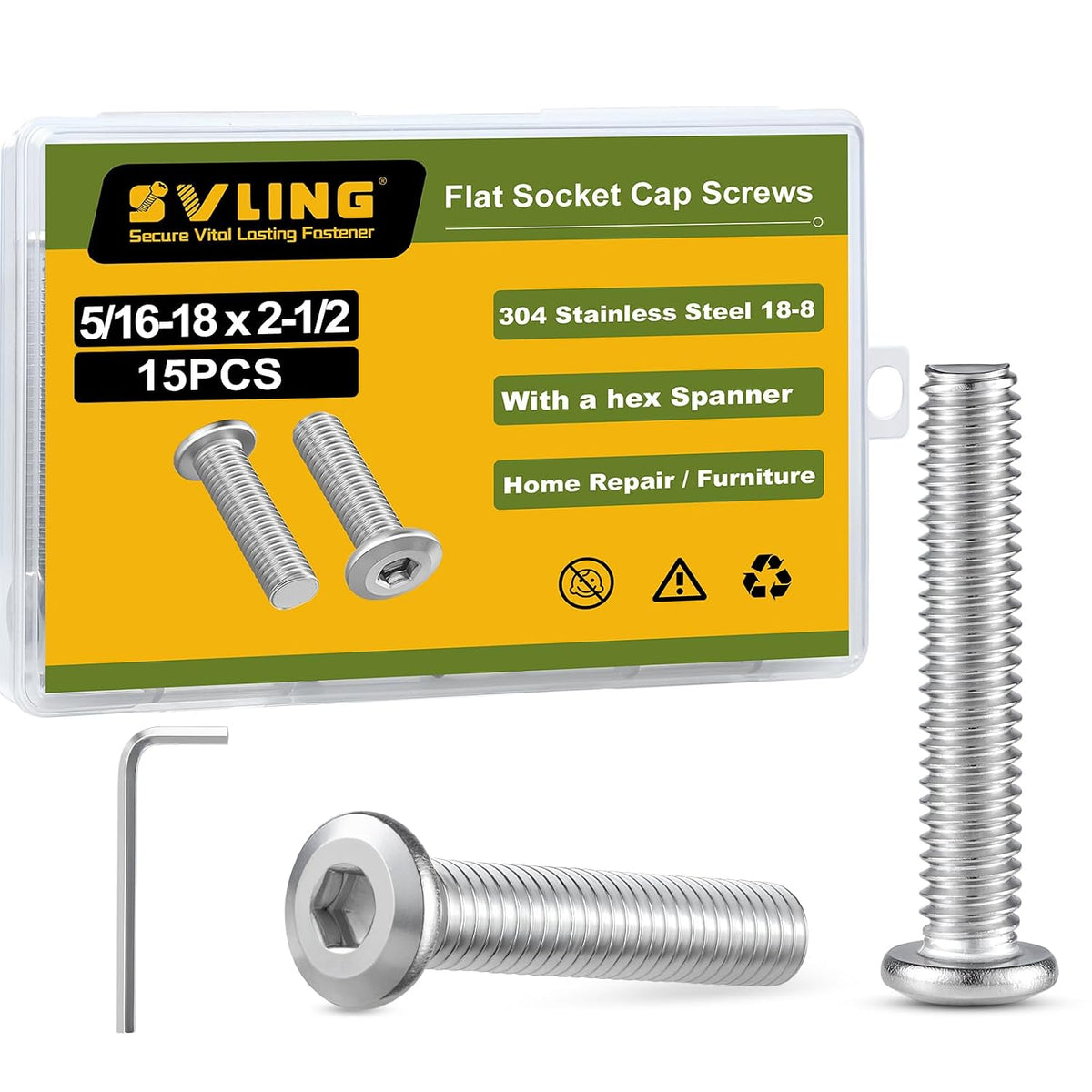 5/16-18 x 2-1/2" Bolt, 15PCS Flat Head Hex Socket Cap Screws Bolts, 304 Stainless Steel 18-8, Fully Threaded, with Hex Spanner
