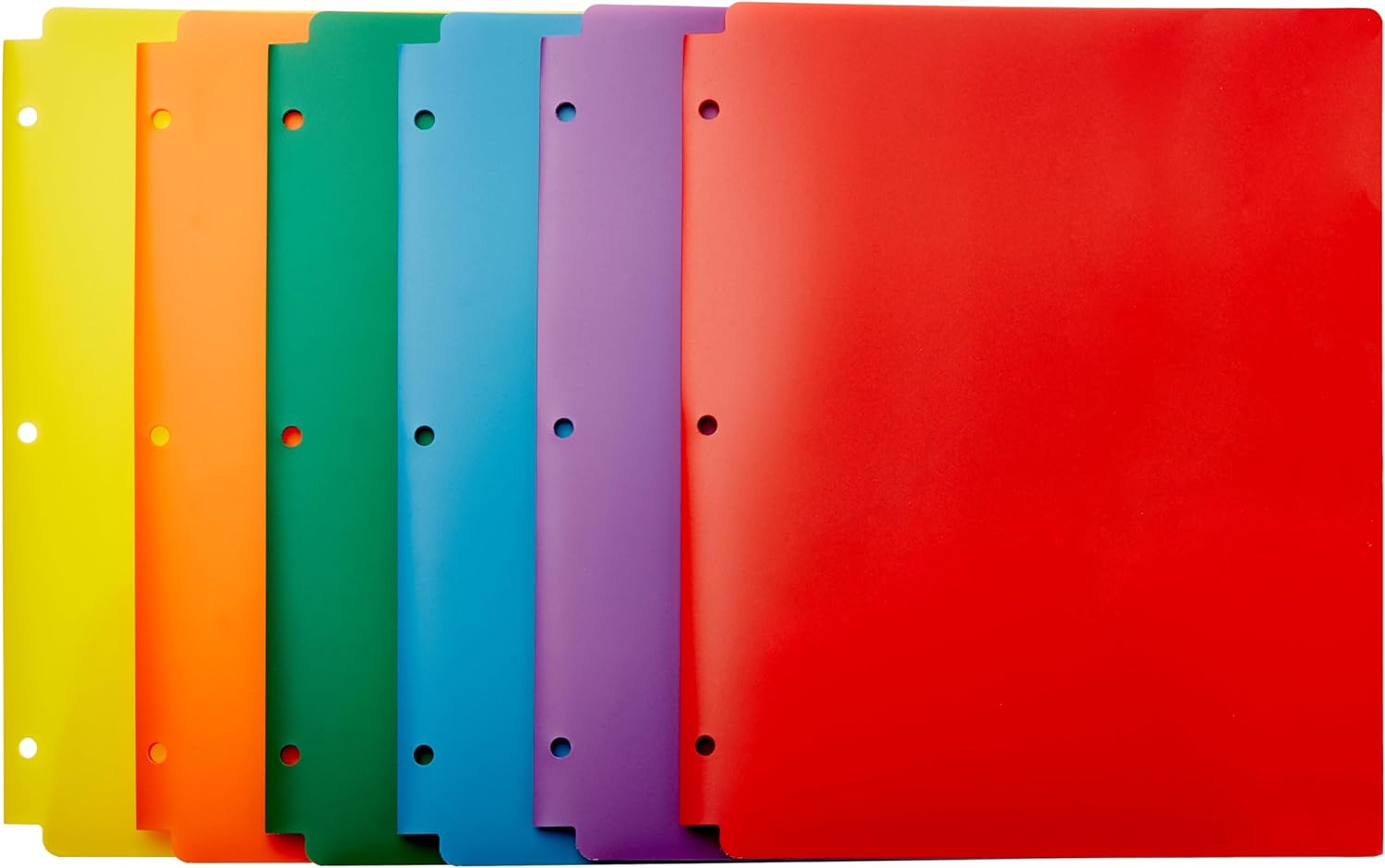 Plastic 3-Hole Punch File Folders with 2 Pockets for Documents, Letter Size 8.5 x 11 inches, Assorted Colors, Pack of 6