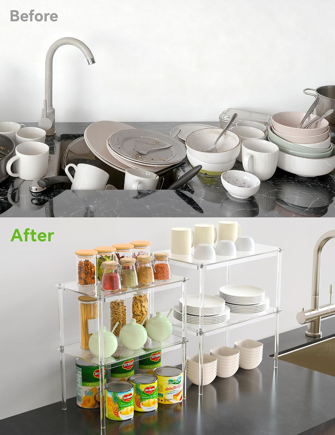 4-Pack Clear Acrylic Spice Racks 2 Large and 2 Small, Stackable Cabinet and Countertop Organizer Shelves for Kitchen
