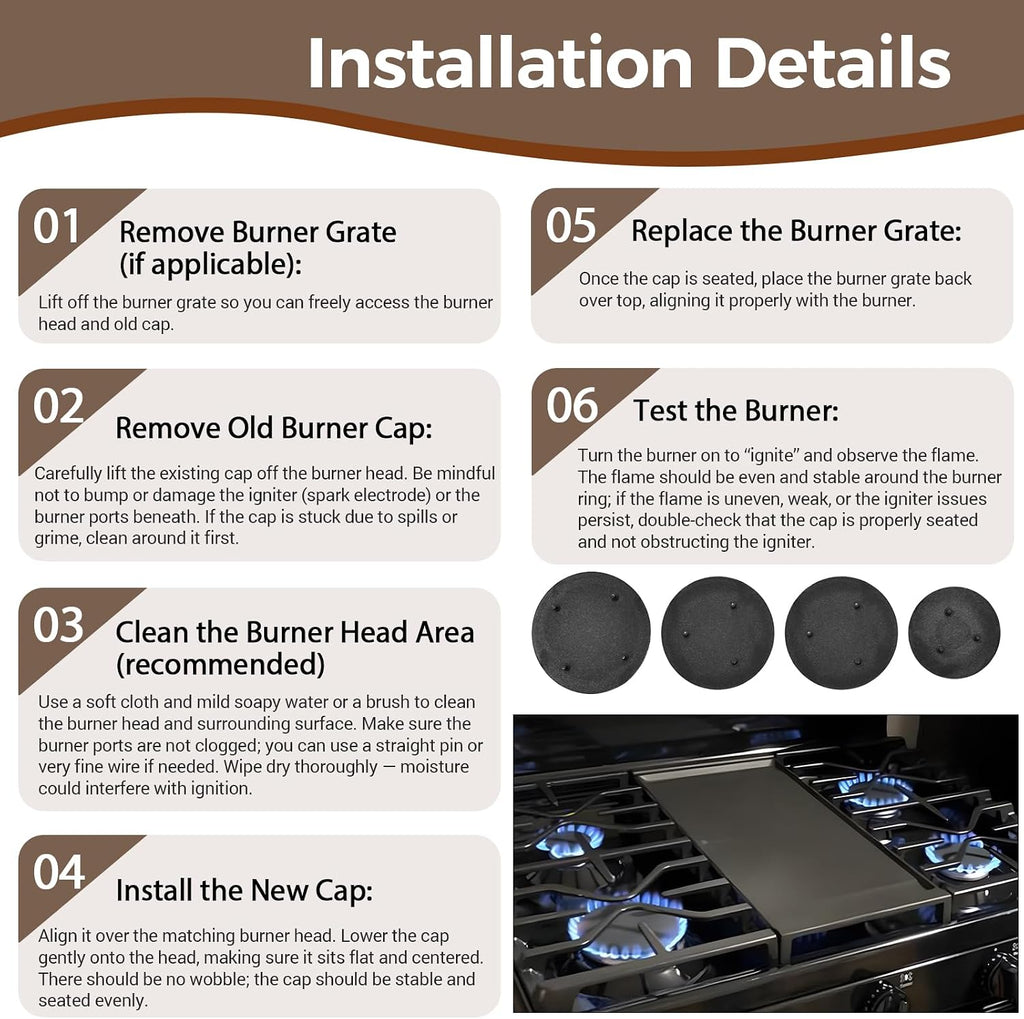 4 Pcs Surface Burner Cap Set Compatible with GE Gas Stoves and Cooktops Includes WB29K10009-1 (2.6") WB29K10001-2 (3.2") WB29K10006-1 (3.5")