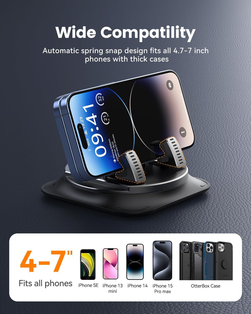 360 Degree Rotation Dashboard Phone Holder for Car, Anti-Slip Grips & One-Hand Operation Car Cell Phone Mount with