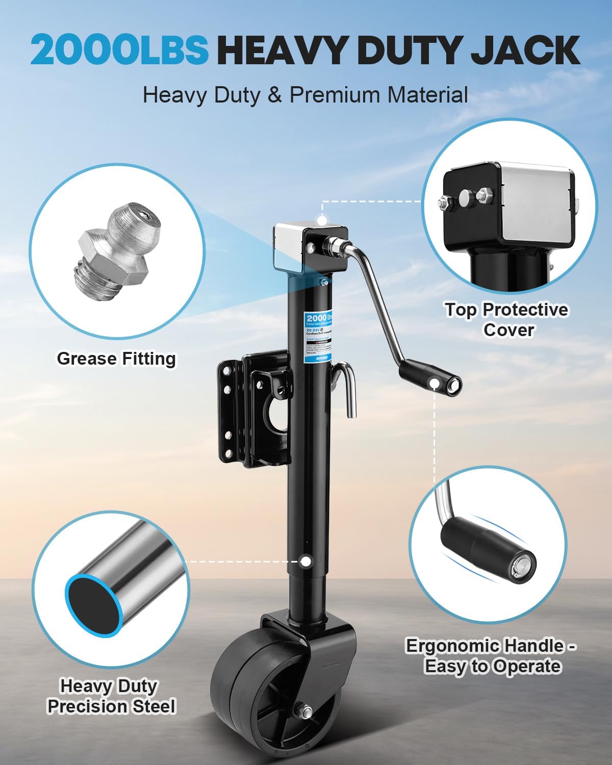 2000 lbs Trailer Jack, Dual Wheel, 20-24V Cordless Drill Compatible
