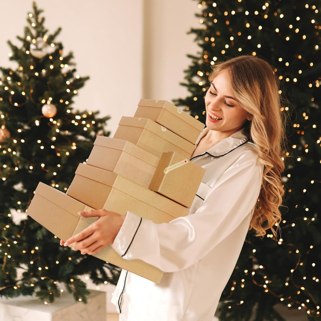 Gift Boxes with Lids for Presents, Set of 6 Empty Gift Boxes, Natural and Rustic Kraft Gift Wrap Boxes, Versatile