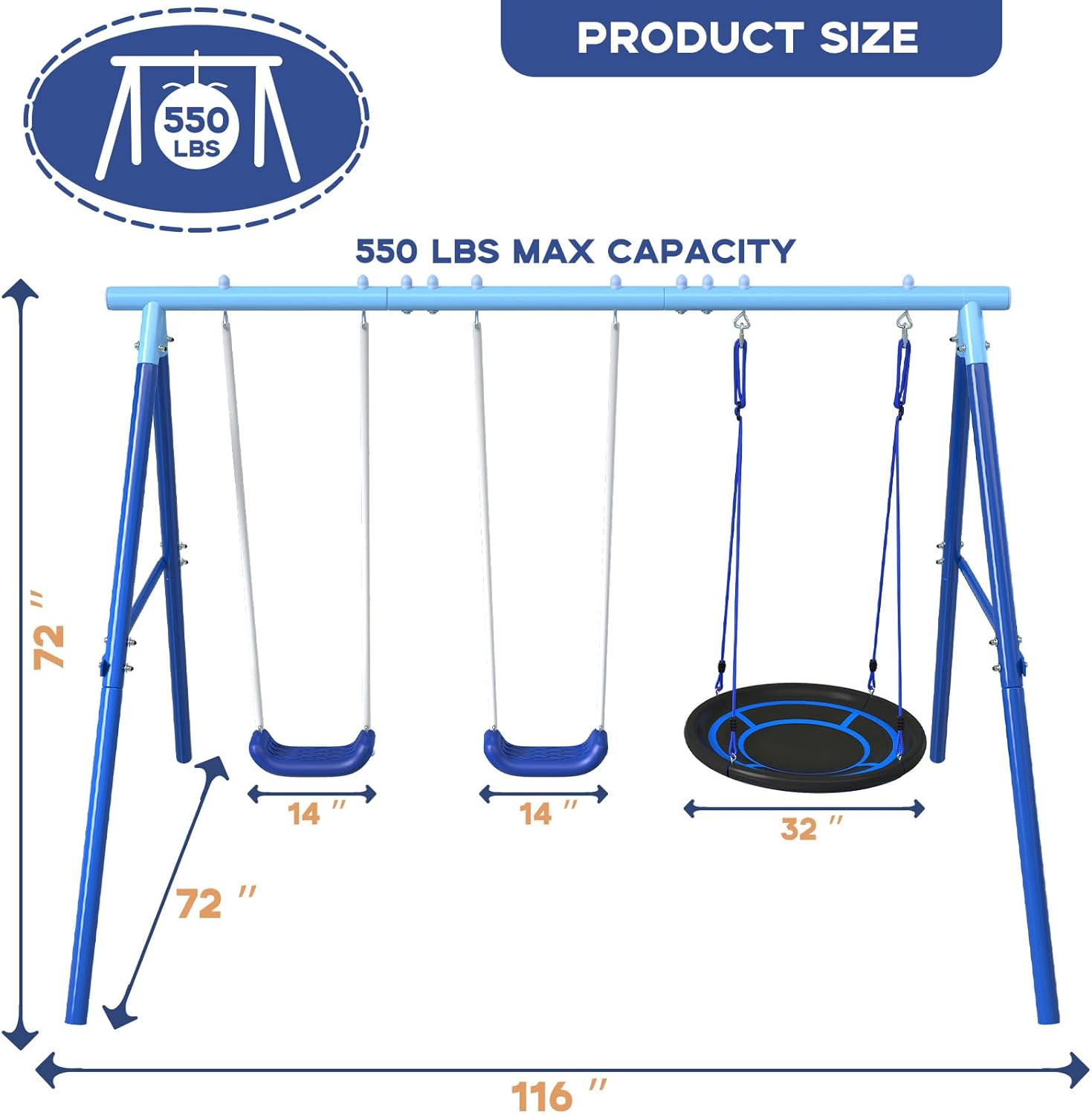 3-in-1 Swing Set for Backyard for Kids 3-8, 550lbs, Heavy Duty Metal A-Frame for Outdoor Playset, Two Blow-Molded