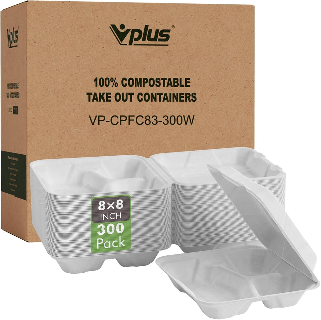 300 Pack Compostable Takeout Food Containers, 8x8 inch, 3 Compartment