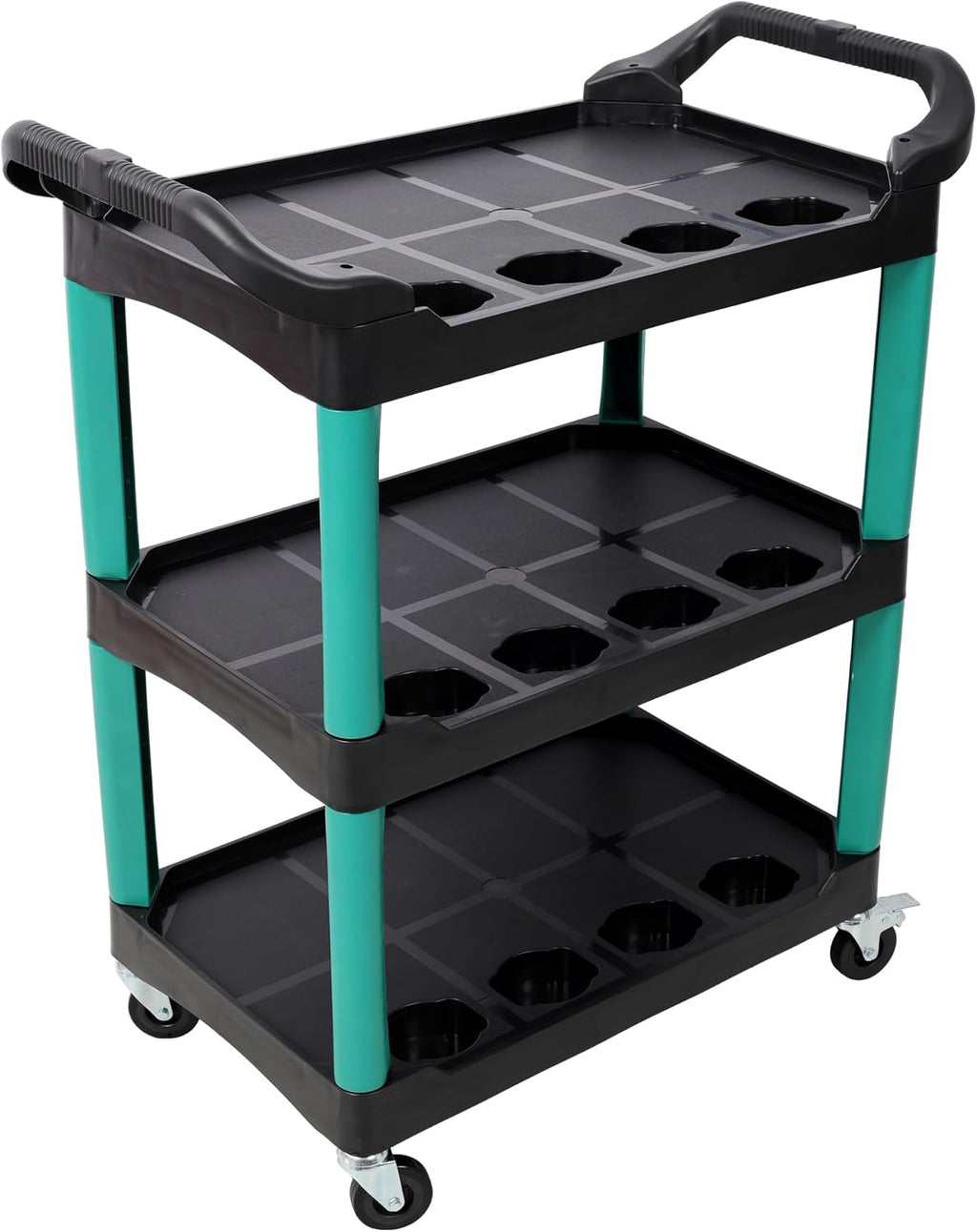 3-Tier Rolling Utility Cart with Pegboard & Hooks, Heavy-Duty Mobile Tool Storage Organizer with 12 Bottle Holders