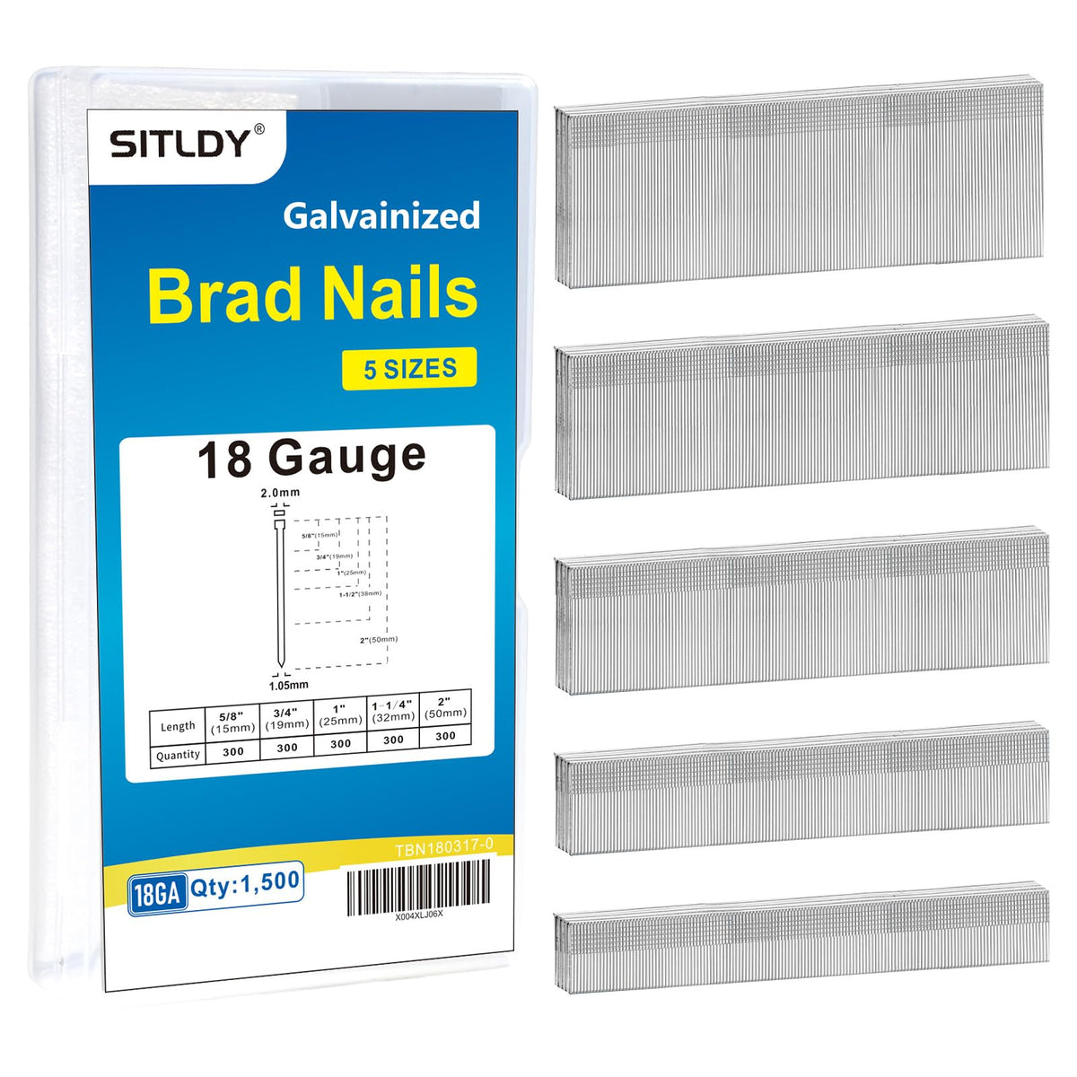 18 Gauge Galvanized Brad Nails T-head 5 Sizes 1500-Pack