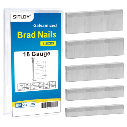 18 Gauge Galvanized Brad Nails T-head 5 Sizes 1500-Pack
