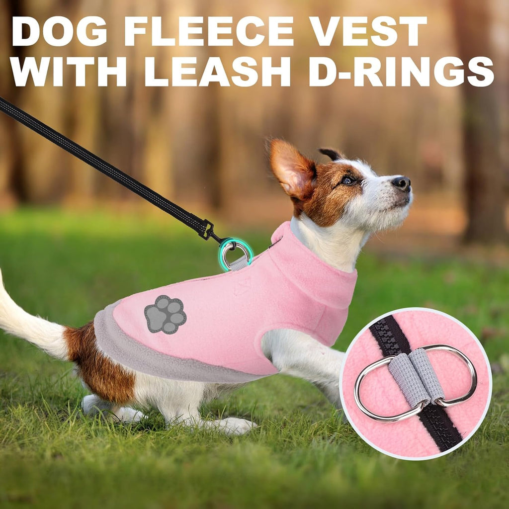 Dog Fleece Vest Sweater Zip Up Warm Pullover Step-in Dog Jacket with Dual D-Ring Leash, Winter Cold Weather