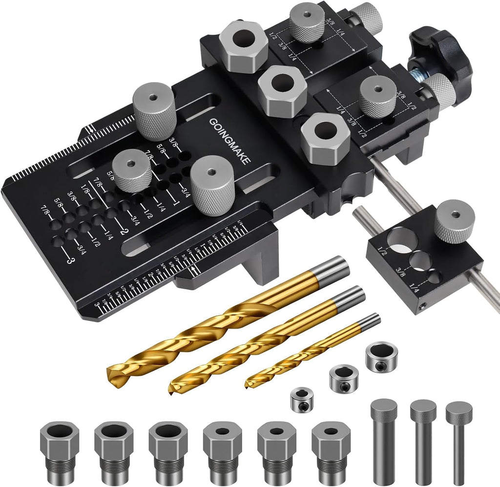 Dowel Jig Kit with Quick Positive Stop and Clamp, Adjustable Doweling Jig for Drill 1/4, 3/8 and 1/2 Inch Accurate