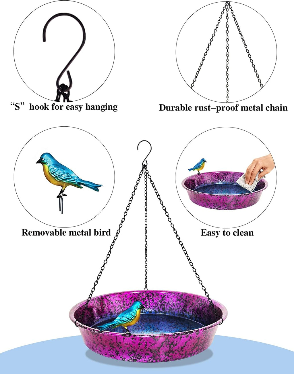 Hanging Bird Bath & Feeder, 11.5" Metallic Purple/Blue Metal Birdbath Bowl