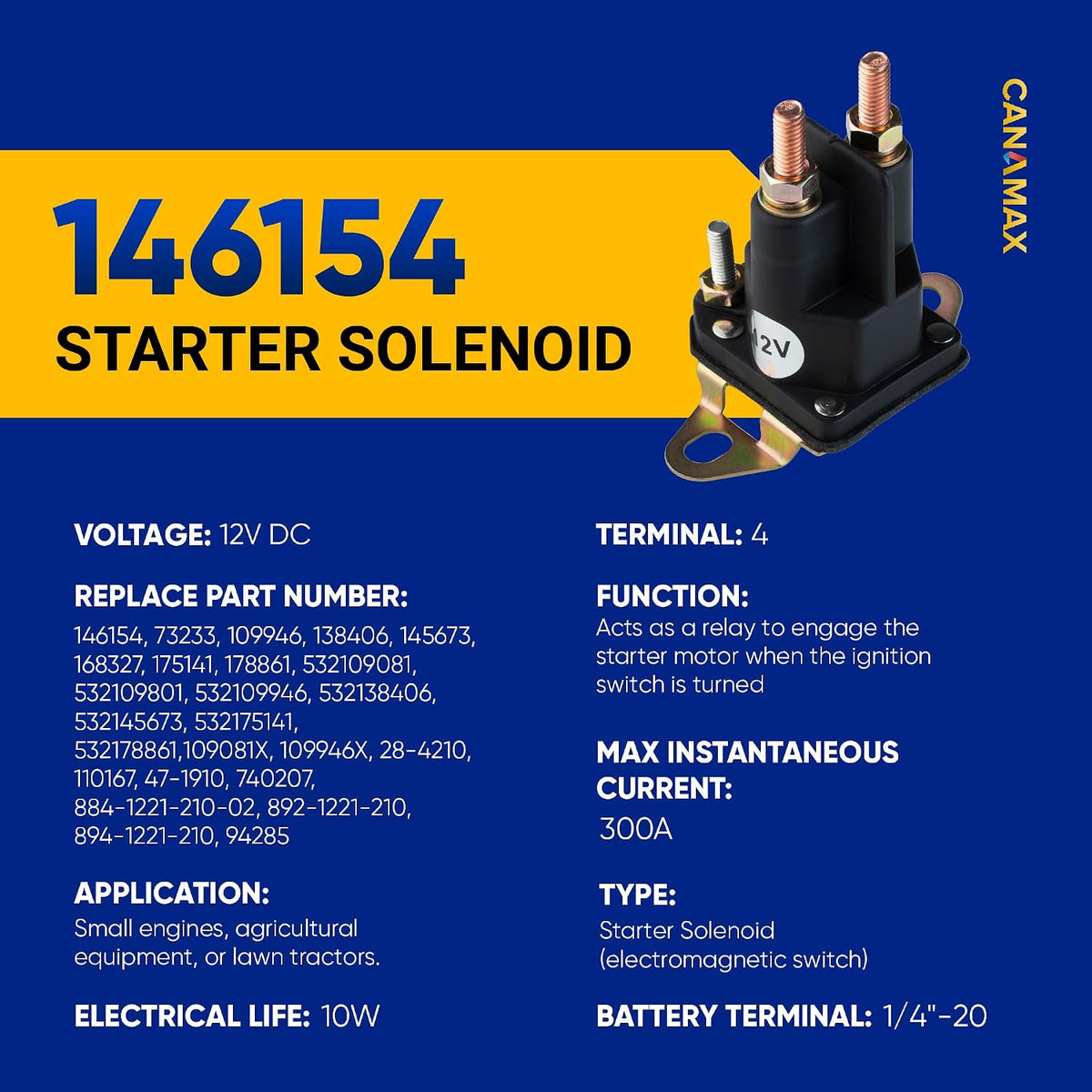 【Upgraded 2026】 146154 145673 Universal Starter Solenoid 12V 4-Pole for Craftsman Poulan 1685290 1686981 73233