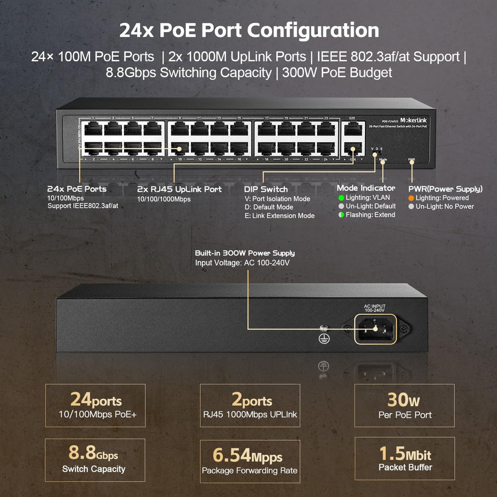24 Port PoE Switch, 2 Gigabit Uplink, 300W IEEE802.3af/at, VLAN & Extend, Metal Rackmount Unmanaged Plug and Play