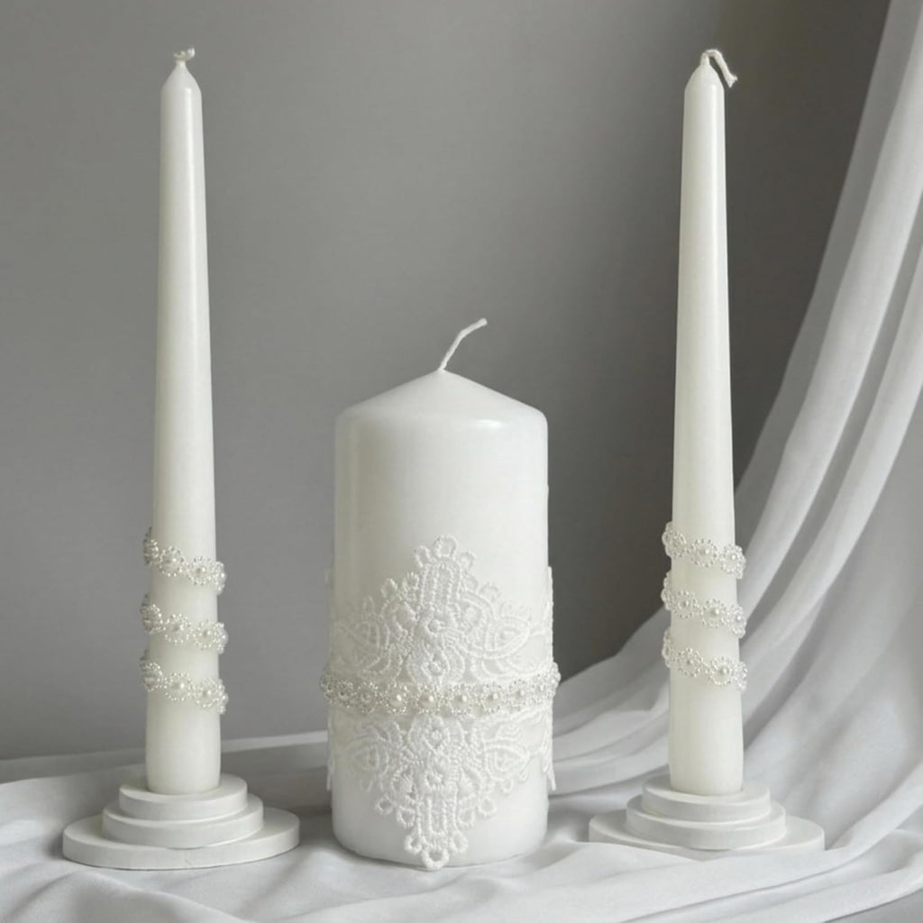 Lace Elegance Unity Candle Set for Wedding Ceremony & Reception, White Unity Candles with Pearl Decor, 6” Pillar &