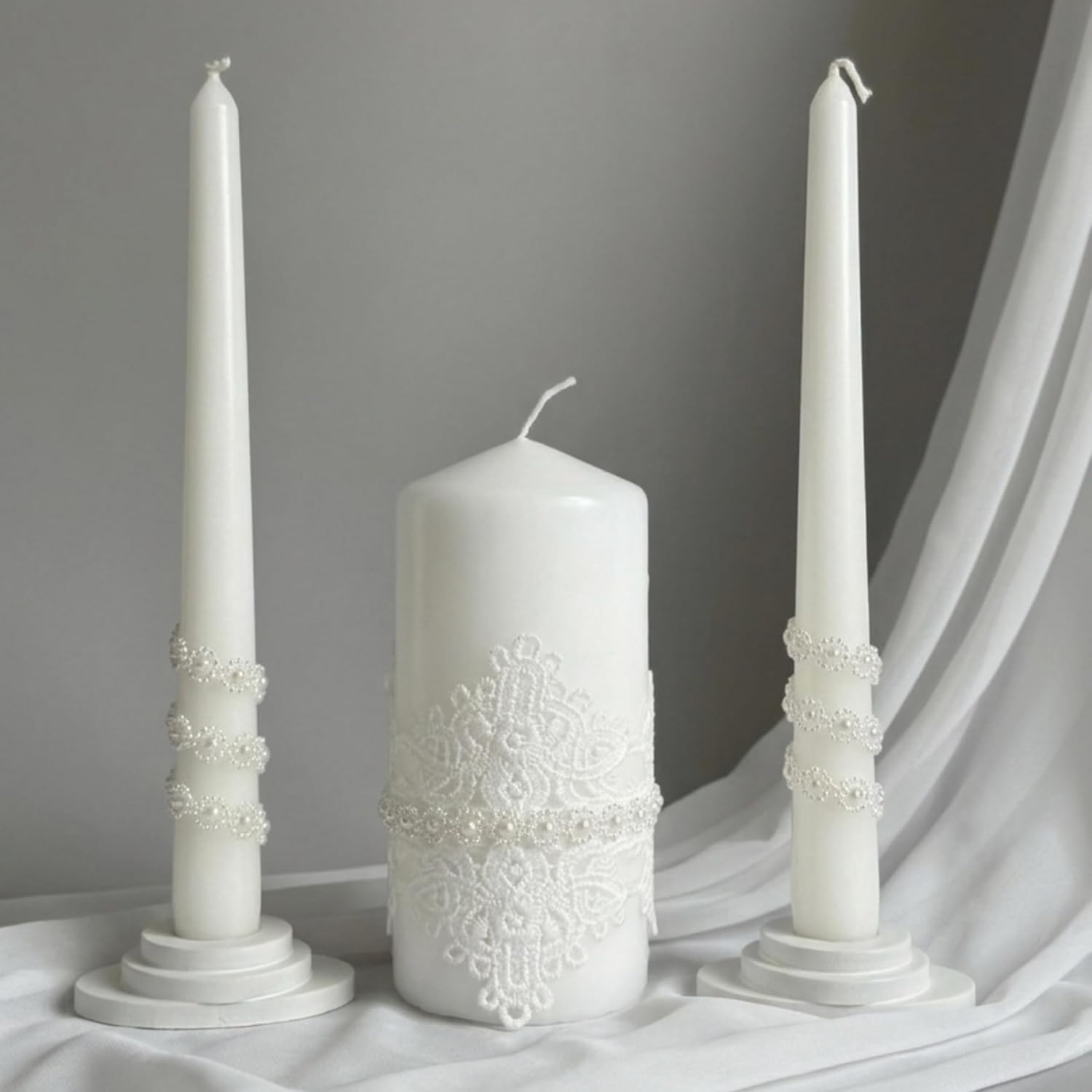 Lace Elegance Unity Candle Set for Wedding Ceremony & Reception, White Unity Candles with Pearl Decor, 6” Pillar &