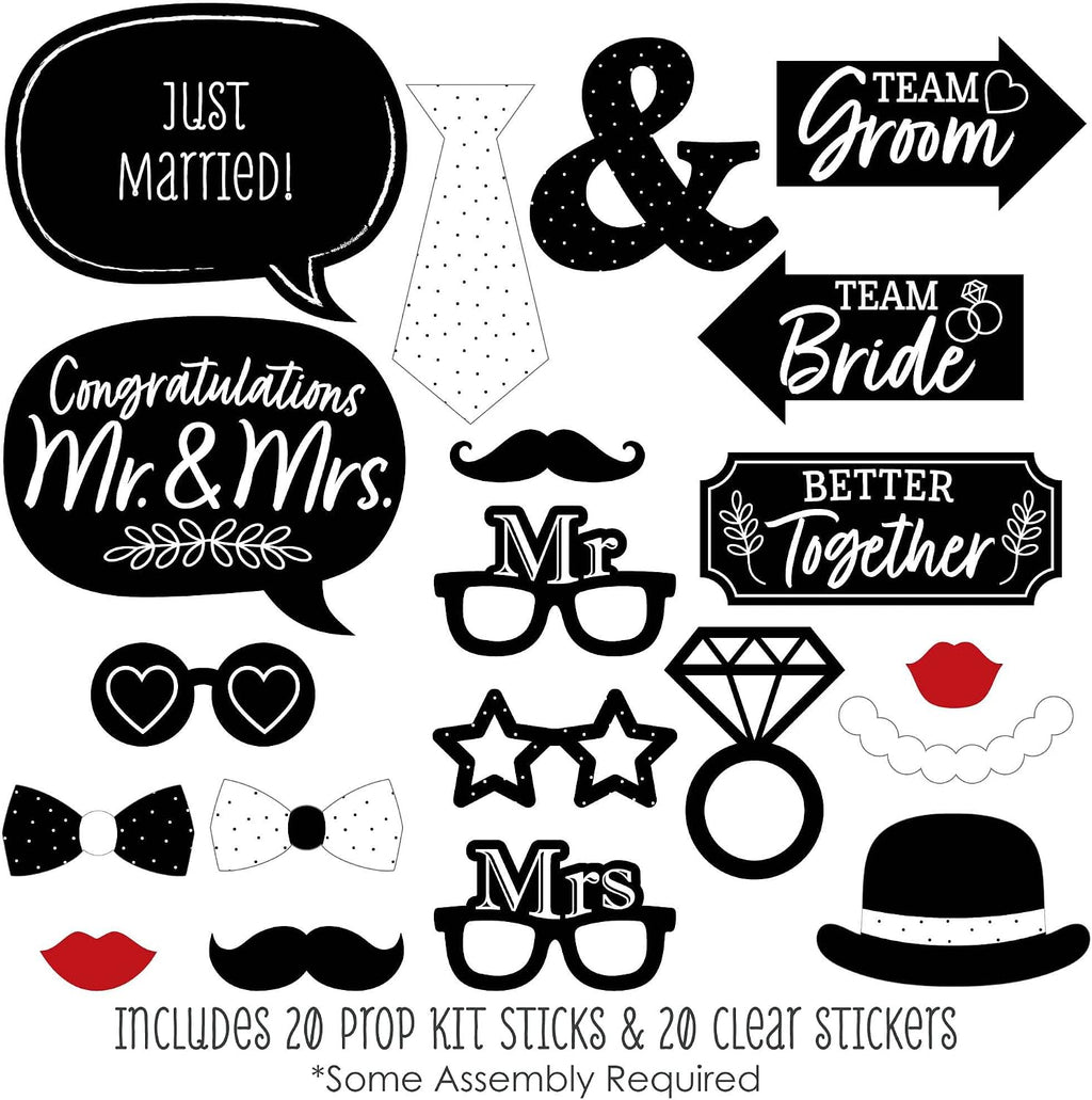Mr. and Mrs. - Black and White Wedding or Bridal Shower Photo Booth Props Kit - 20 Count