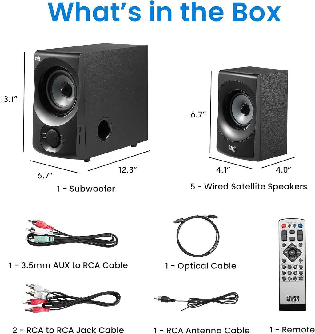 Acoustic Audio AA5172 700W Bluetooth Home Theater 5.1 Speaker System with FM Tuner, USB, SD Card, Remote Control