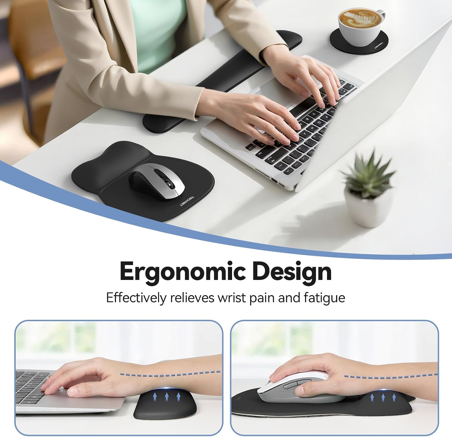 Gel Ergonomic Mouse Pad & Keyboard Wrist Rest & Coaster | 3 in 1 Set, Pain Relief, Milk Silk Cloth, Non-Slip PU Base