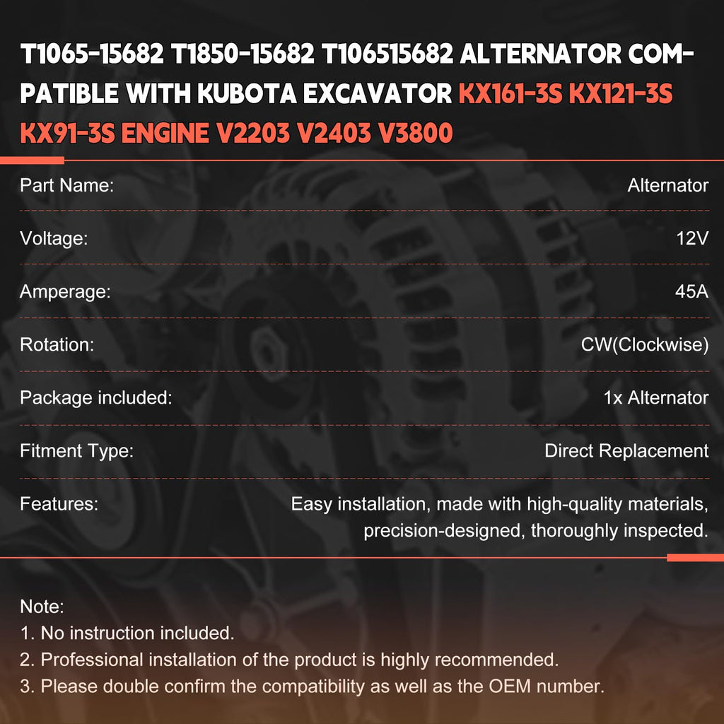 Otobaijeni 12V 45A T1065-15682 T1850-15680 T1850-15682 T106515682 Alternator Compatible with Kubota Tractor M5140F MX5100F Excavator KX161-3S KX121-3S KX91-3S Engine V2203 V2403 V3800 Replacement