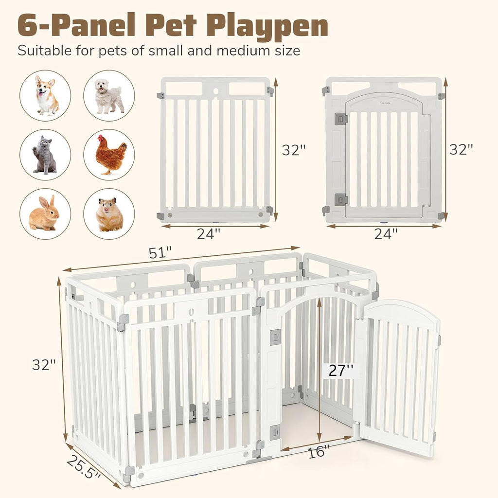 6 Panel Dog Playpen, 32'' Tall Plastic Pet Fence with Lockable Door, Indoor Outdoor Portable Dog Exercise Pen for