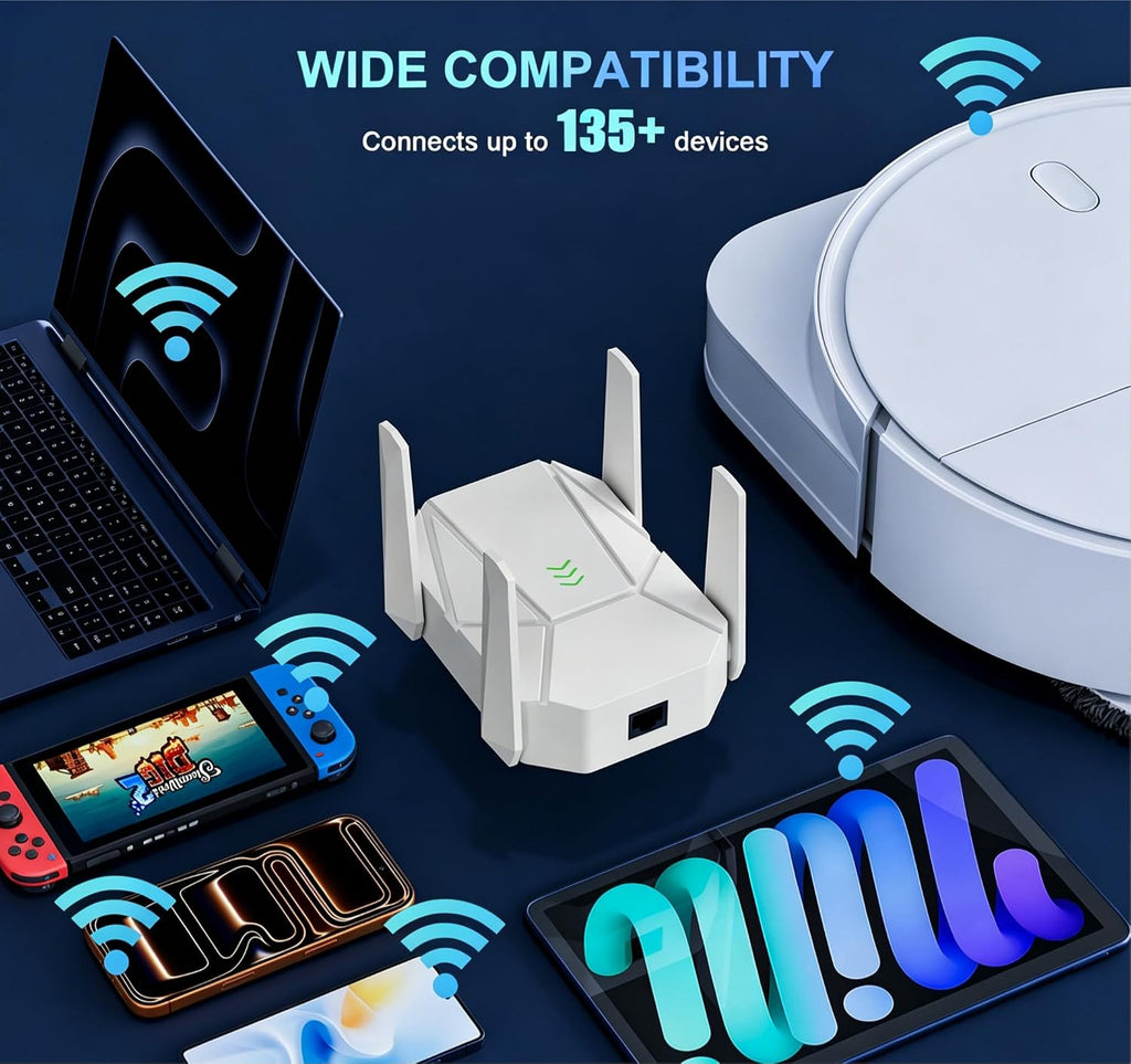 WiFi Extender, 2026 20X WiFi 6 Booster AX1800 | (5.8/2.4GHz) 19,999 sq.ft Long Range and 135+ Devices, WiFi Extender