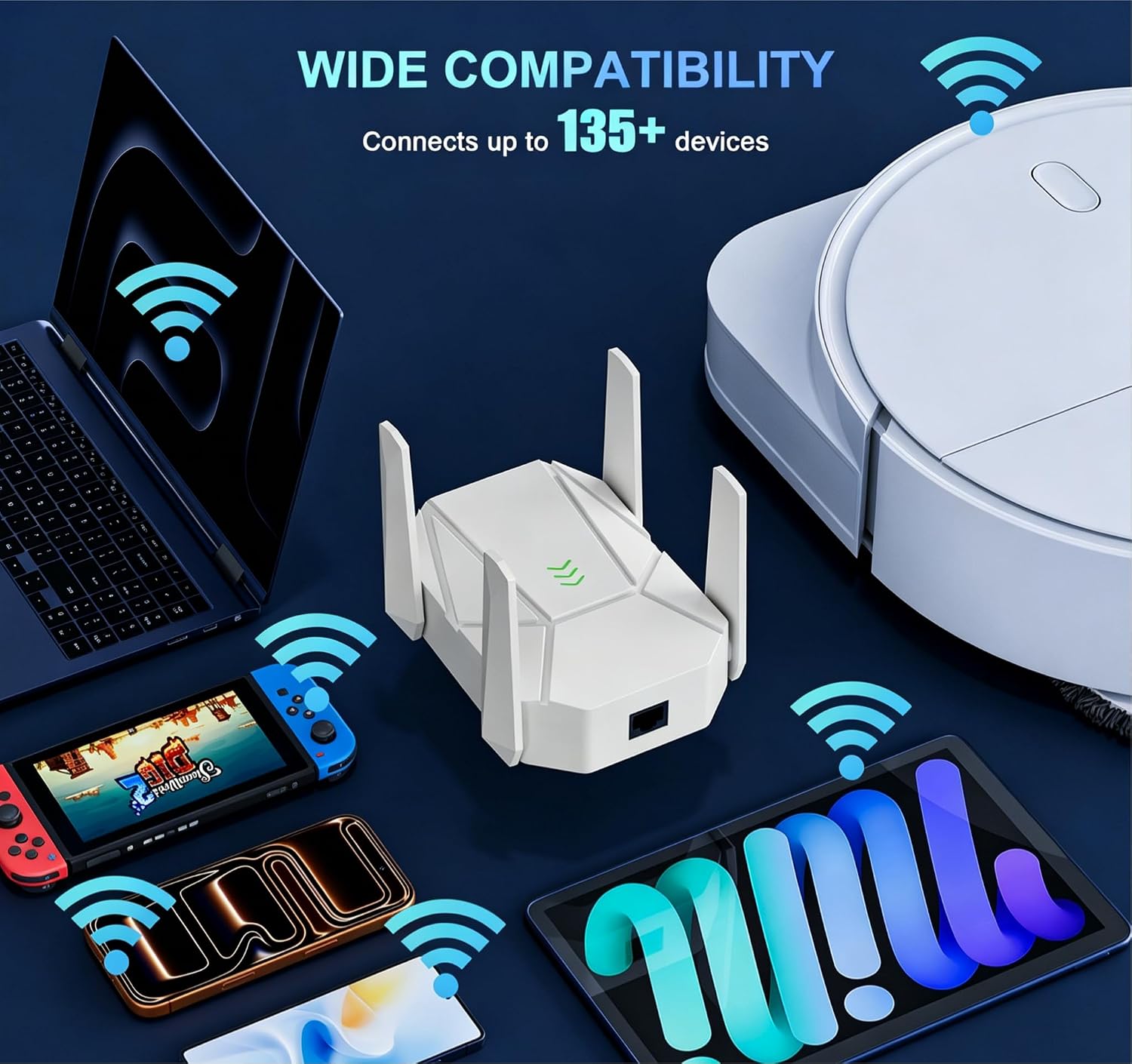 WiFi Extender, 2026 20X WiFi 6 Booster AX1800 | (5.8/2.4GHz) 19,999 sq.ft Long Range and 135+ Devices, WiFi Extender