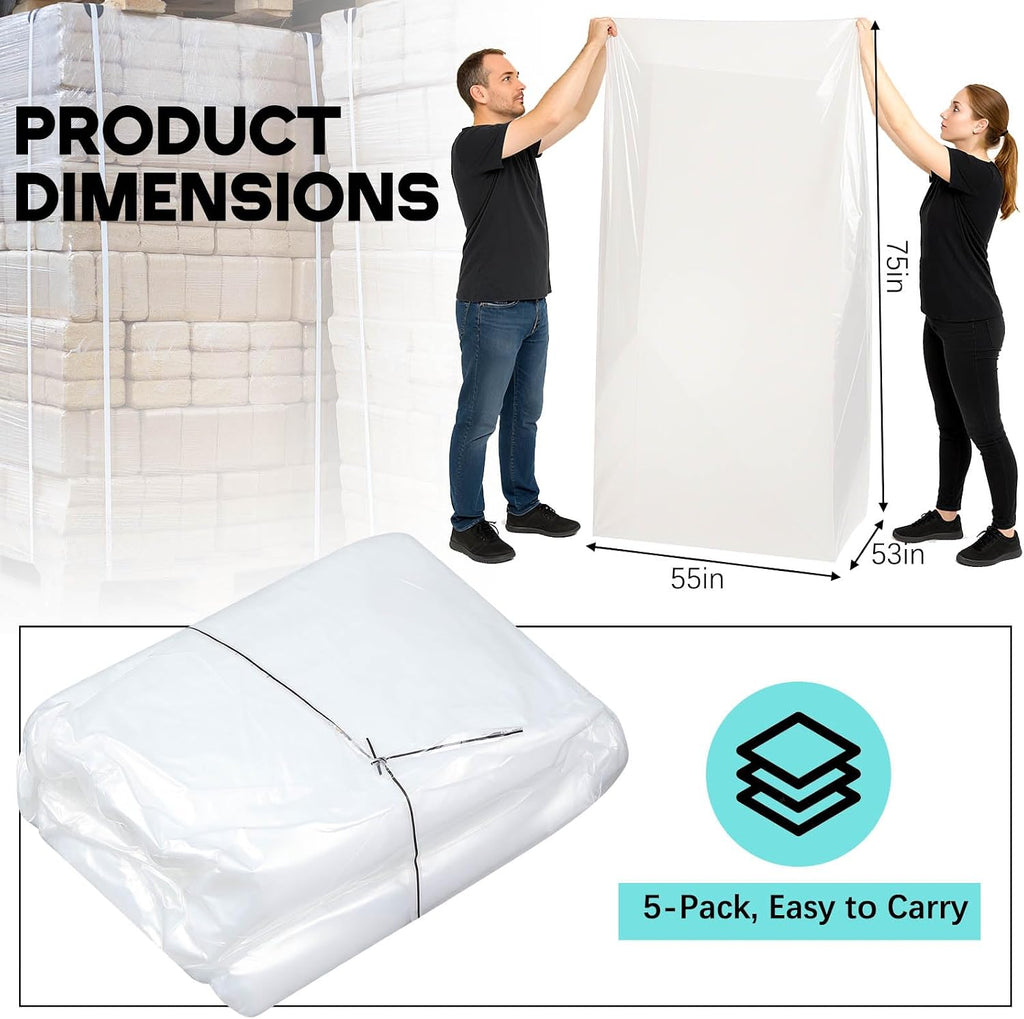 20 Pack 3 Mil Pallet Covers Bags 55" x 53" x 75",Clear
