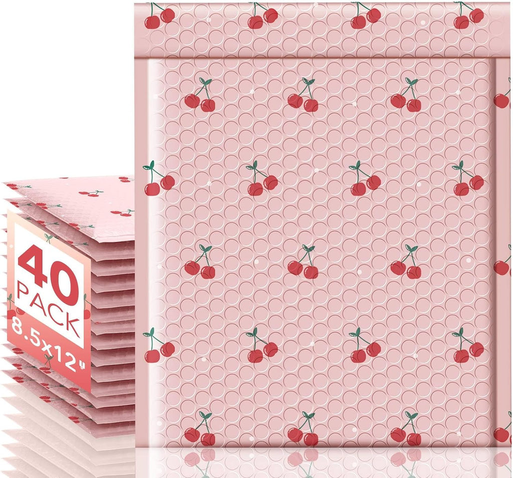 Bubble Mailers 8.5x12" 40 Pack Cherry Cute Padded Envelopes Pink
