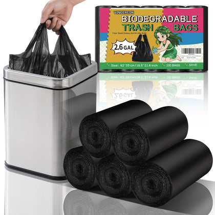 2.6 Gallon Small-Trash-Bag With Handles - Black Bathroom Mini Garbage Bags 100 Count Biodegradable 10 Liter Unscented