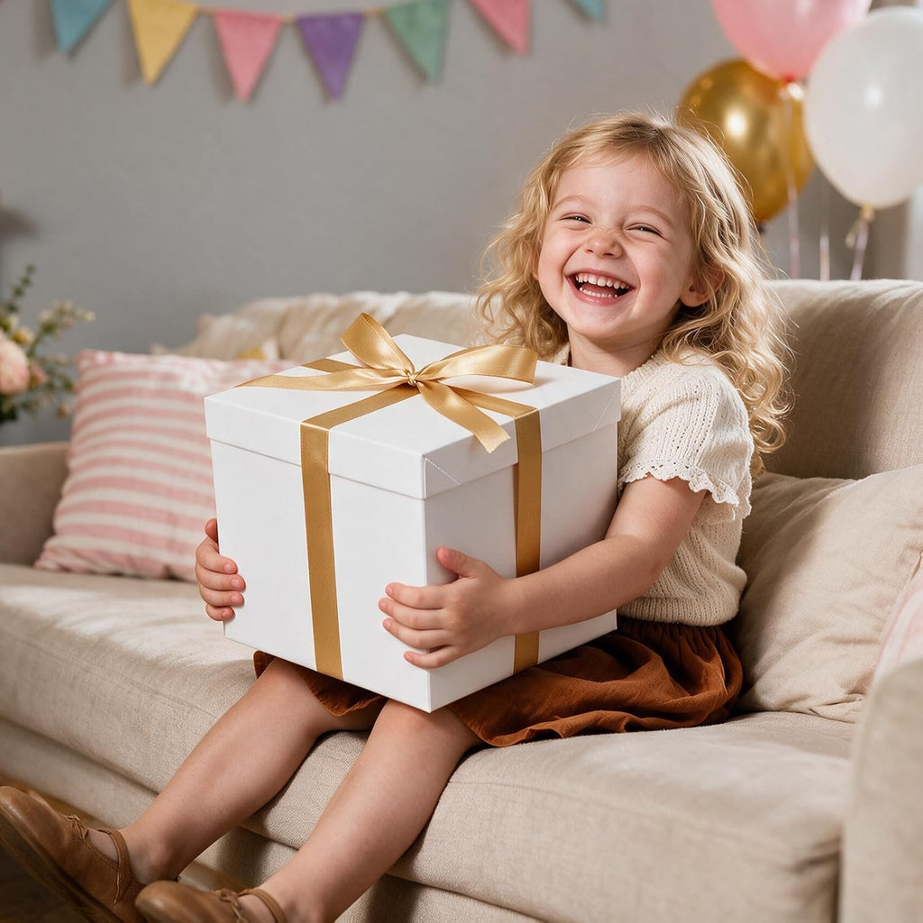 10 Pack White Gift Boxes with Lids and Gold Ribbons, 8.8 Inch