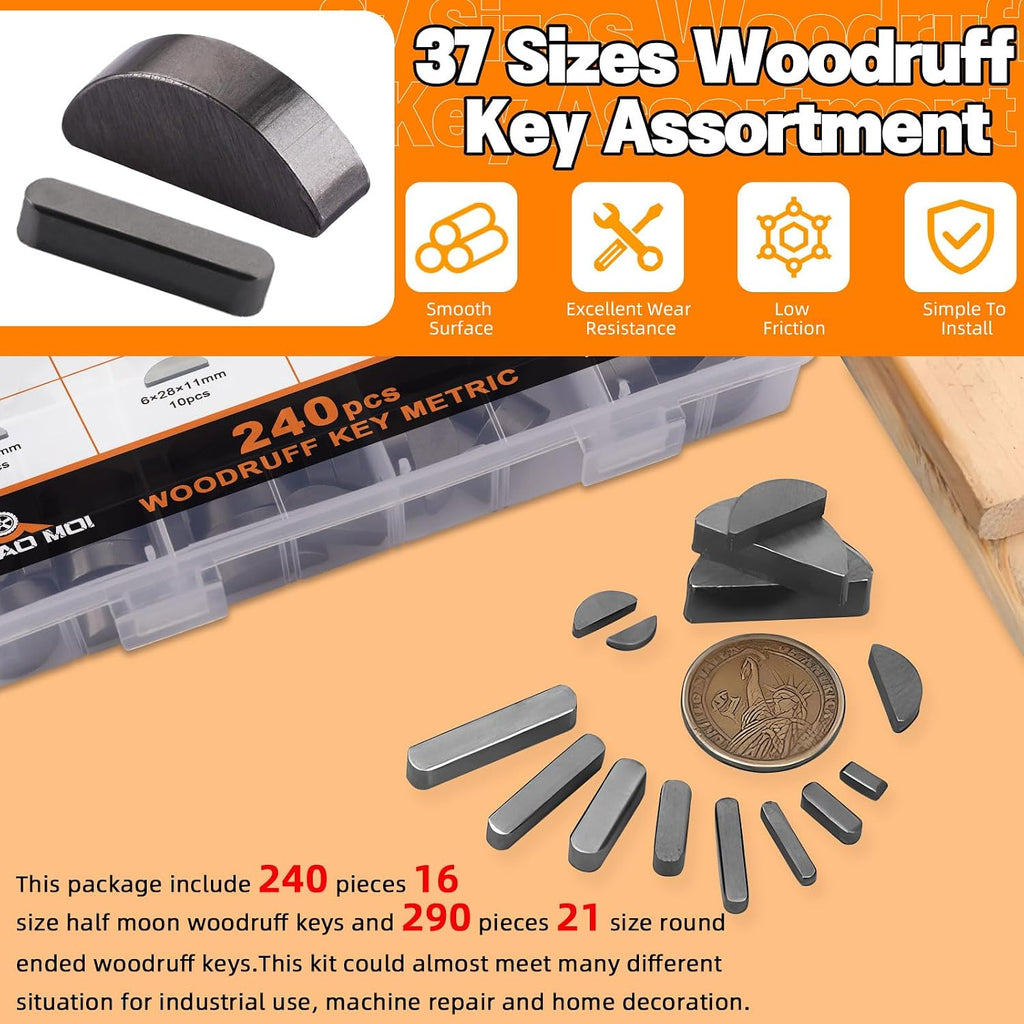 530pcs Metric Carbon Steel Woodruff Key Assortment Kit with 37 Sizes