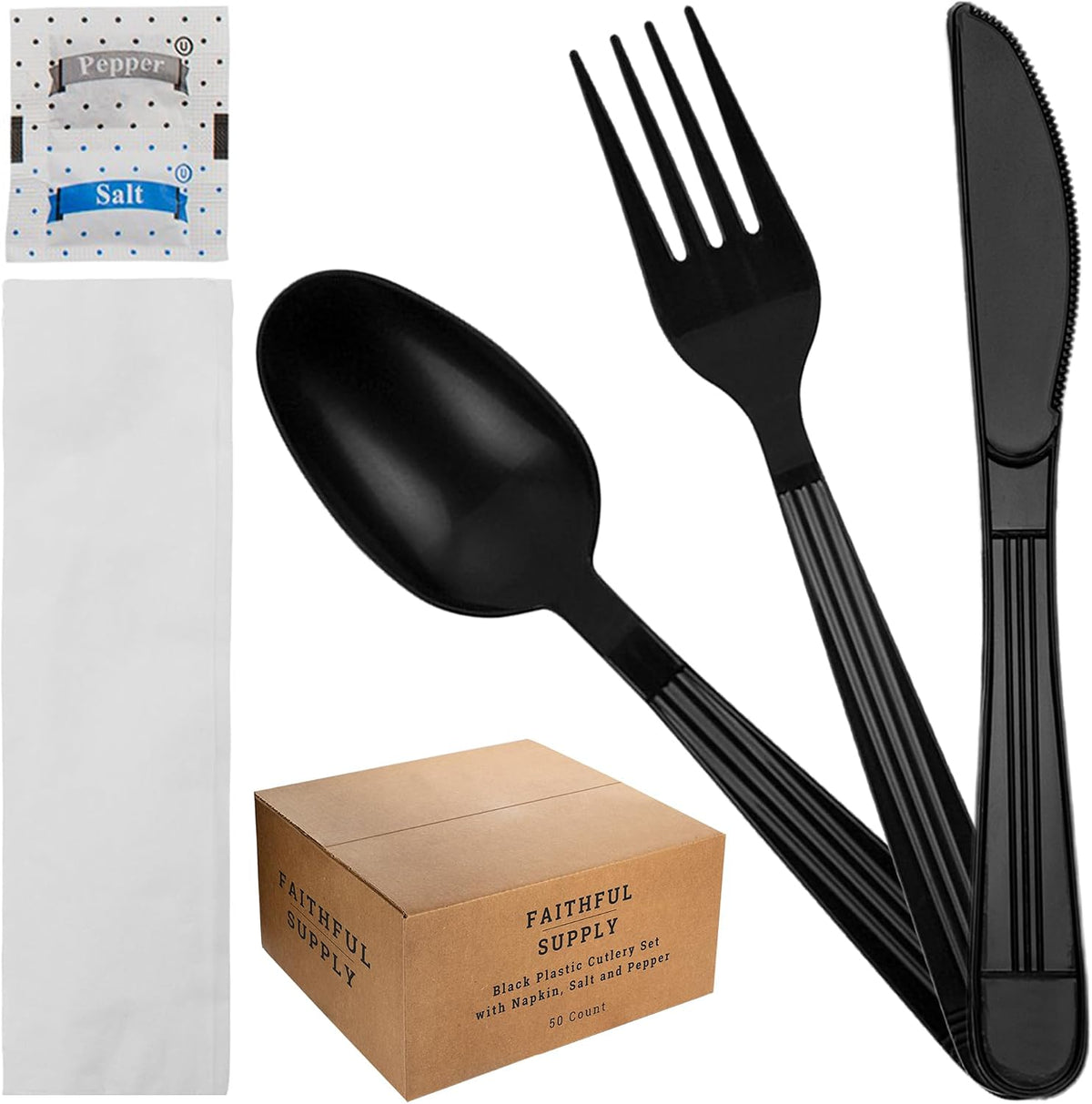 125ct Individually Wrapped Plastic Silverware Set Black - Pre Rolled Cutlery Kits with Napkin, Heavy Duty Disposable