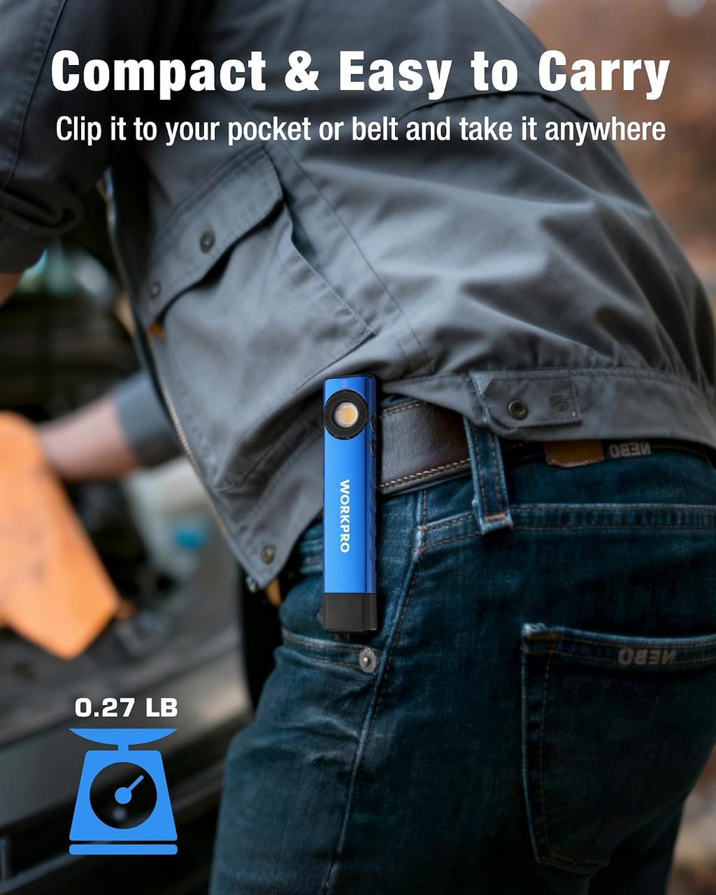 Rechargeable Work Light, 600 Lumens Flat Pocket Flashlight with UV Light, Magnetic Base & Clip, Slim LED EDC
