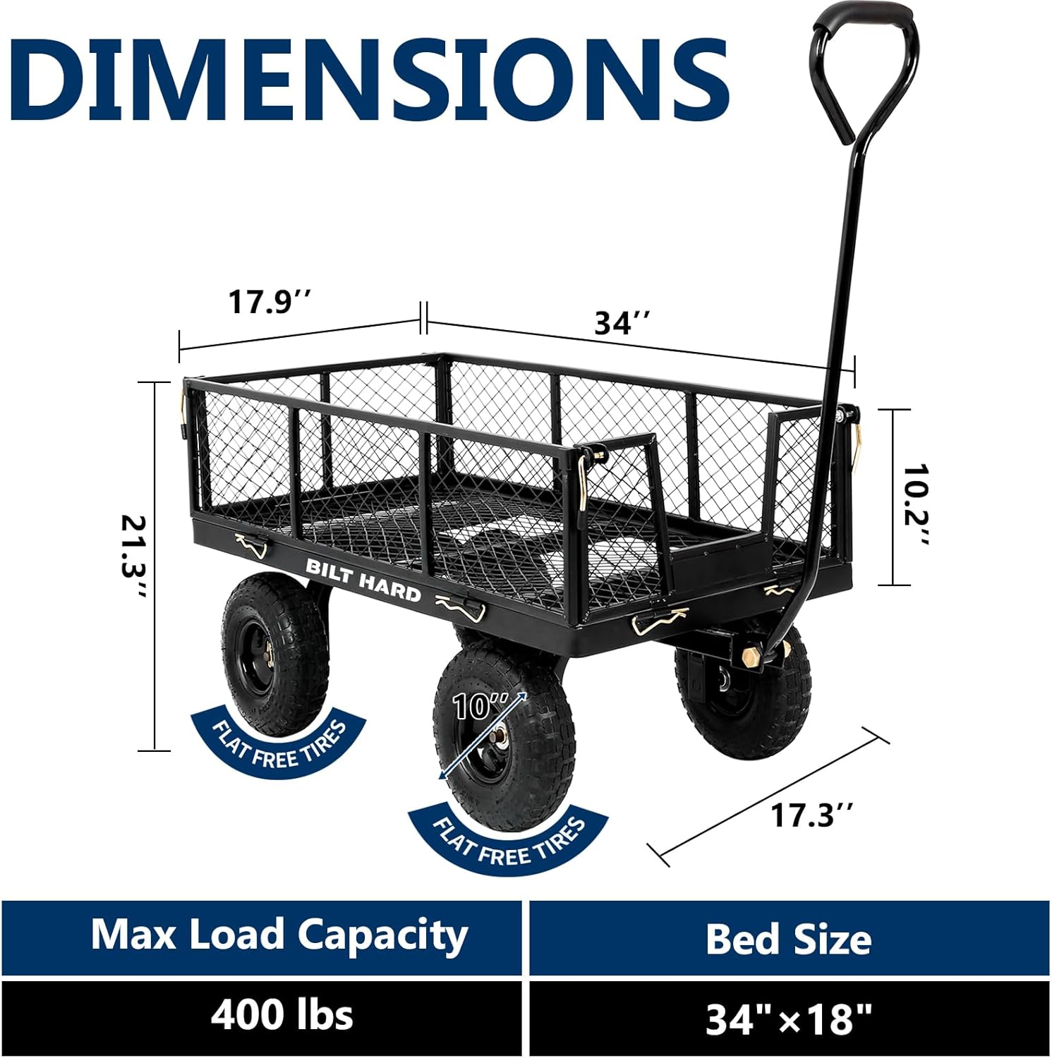 10" Flat Free Tires Heavy Duty Garden Cart with 180° Rotating Handle and Removable Sides, 4 Cu.Ft 880 lbs Capacity