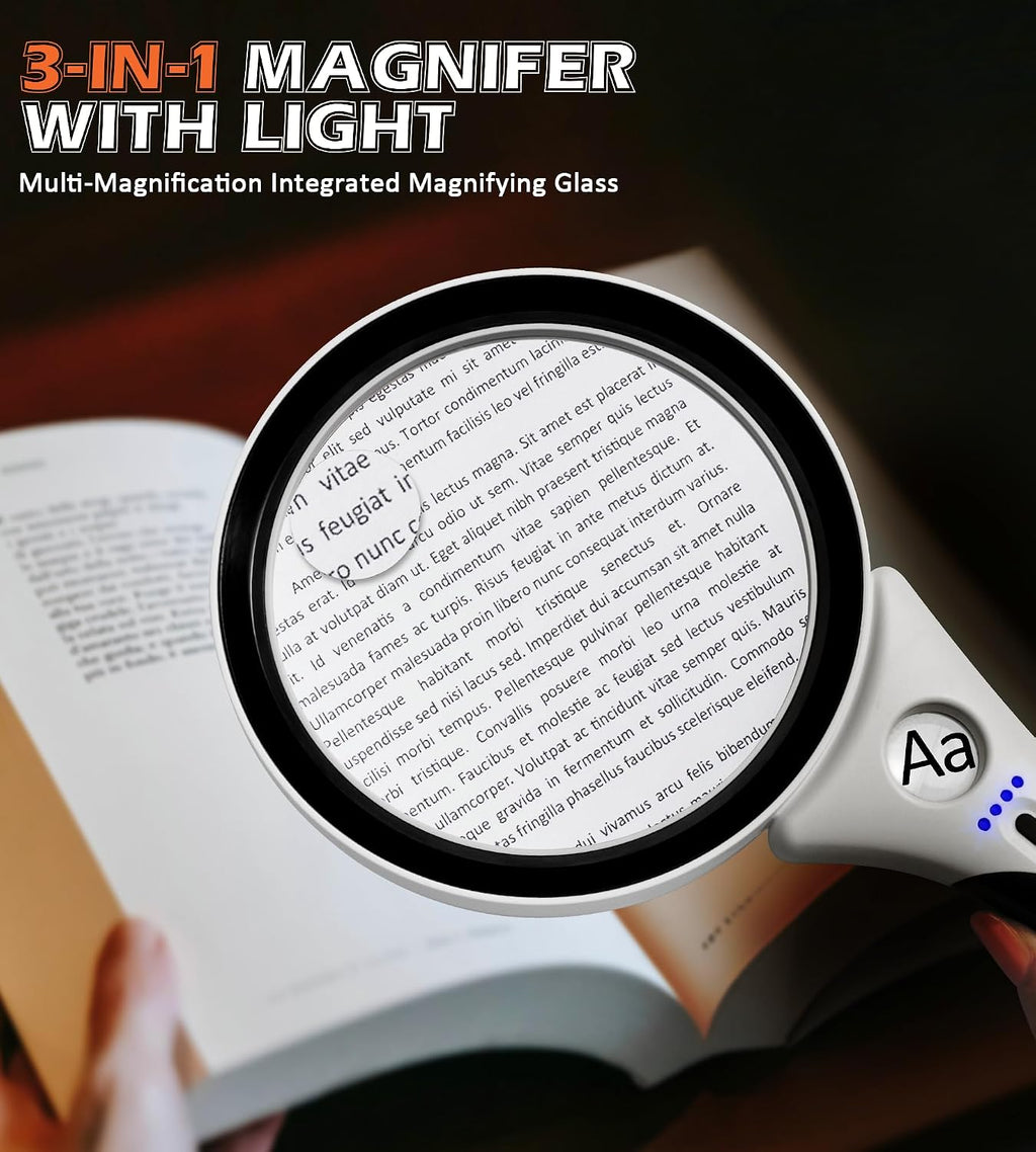 Rechargeable Magnifying Glass with Light, 10X 20X 45X Handheld Lighted Magnifier with 18 LED 3 Modes, 4.3" Anti-Glare