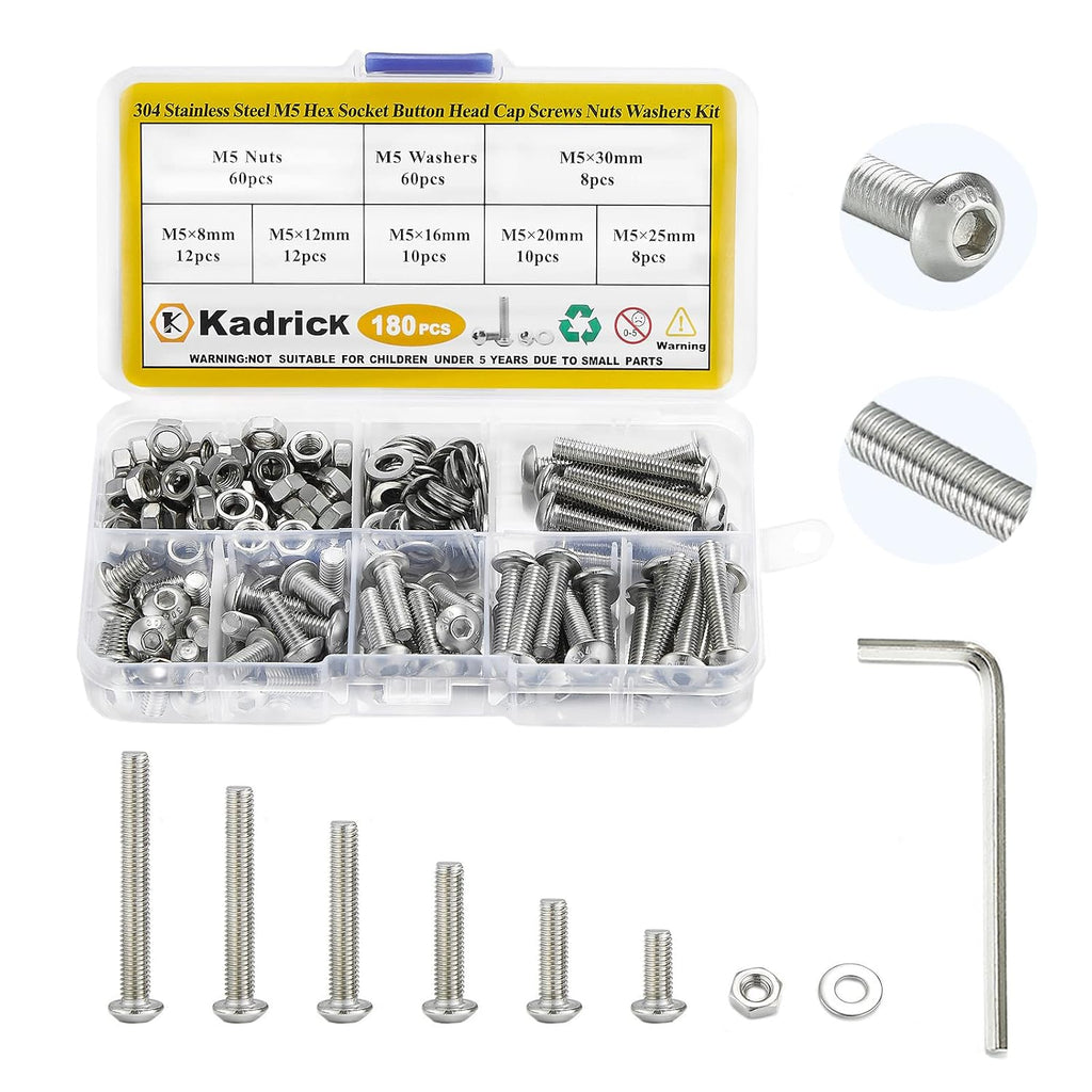 KADRICK 180PCS M5 Screw Kit,Hex Socket Button Head M5 Bolts 8mm-30mm