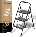 3 Step Ladder Foldable Folding Stool - for Home Adults Kitchen, Iron, Black, Extension Tall Heavy Duty with Handrails