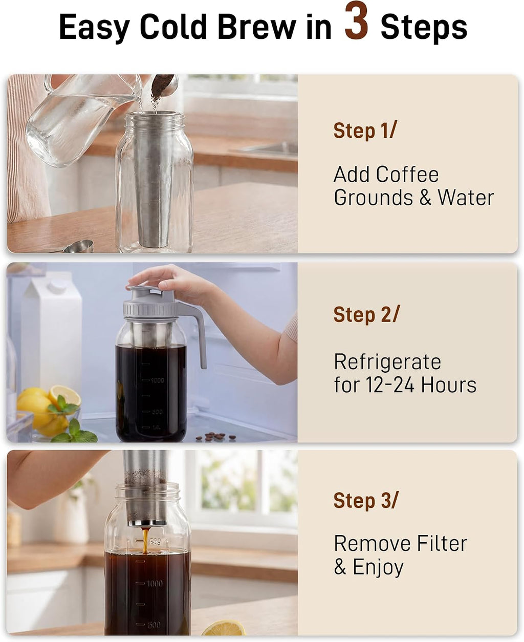 64 oz Cold Brew Coffee Maker, Mason Jar Pitcher with Stainless Steel Filter | Airtight, Leak Proof, 100 Micron Weave