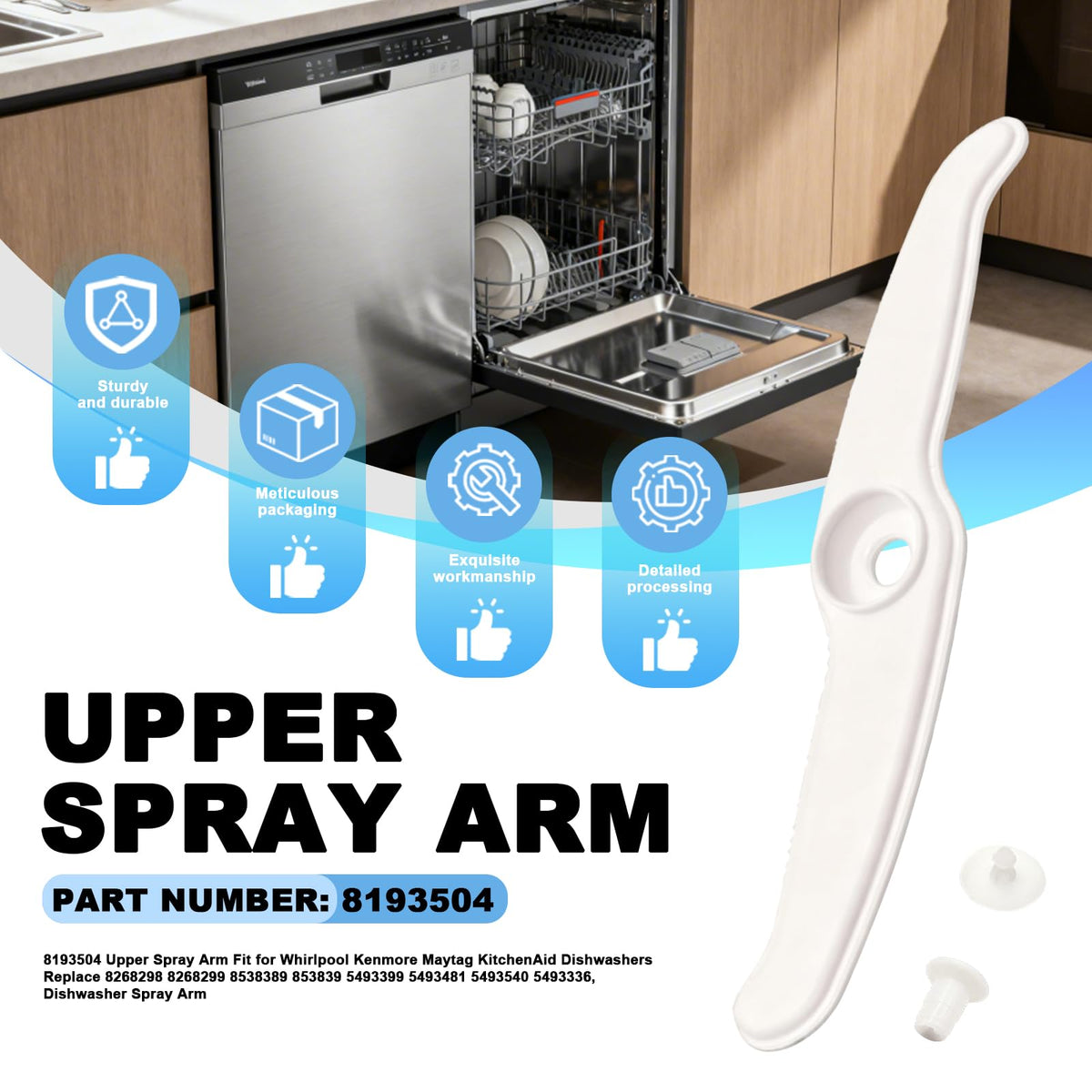 8193504 Dishwasher Upper Spray Arm for Whirlpool Kenmore Maytag KitchenAid