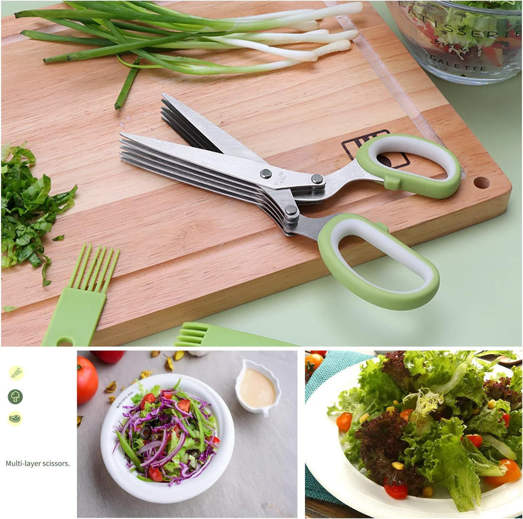 Herb Scissors Set,Multipurpose 5 Blade Kitchen Herb Cutter with Safety Cover and Cleaning Comb for Cutting Shredded