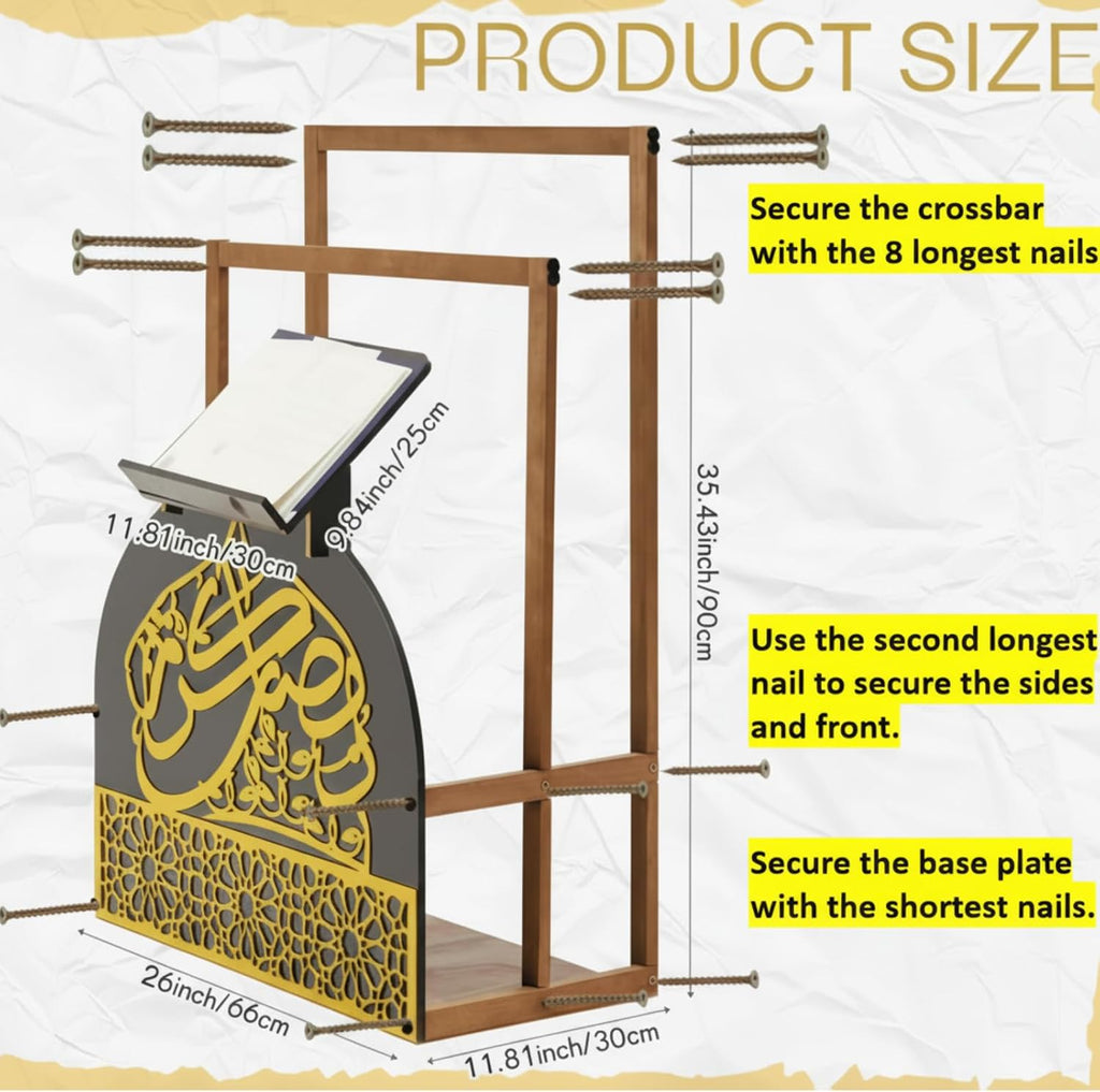 Wooden Quran Stand and Prayer Mat Holder with Arabic Calligraphy, Black Gold Islamic Home Decor for Room, Quran Book