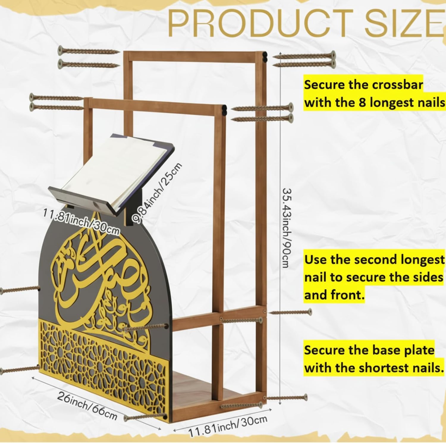 Wooden Quran Stand and Prayer Mat Holder with Arabic Calligraphy, Black Gold Islamic Home Decor for Room, Quran Book