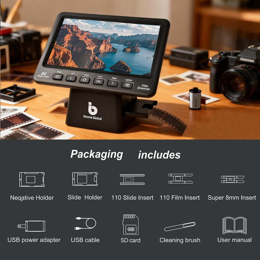 BEONEGLOBAL ClearScan P7 Film Scanner, 7” LCD 24MP Slide & Negative Scanner for 35mm/110/126/Super 8/8mm Film