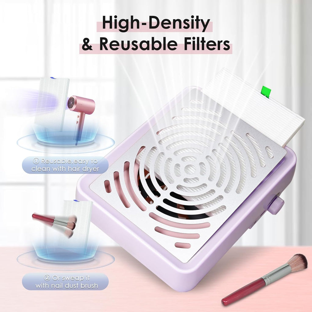 Nail Dust Collector with Lamp&50pcs Disposable Filter&Dusting Brush, Electric Nail Vacuum Cleaner Dust Fan Suction