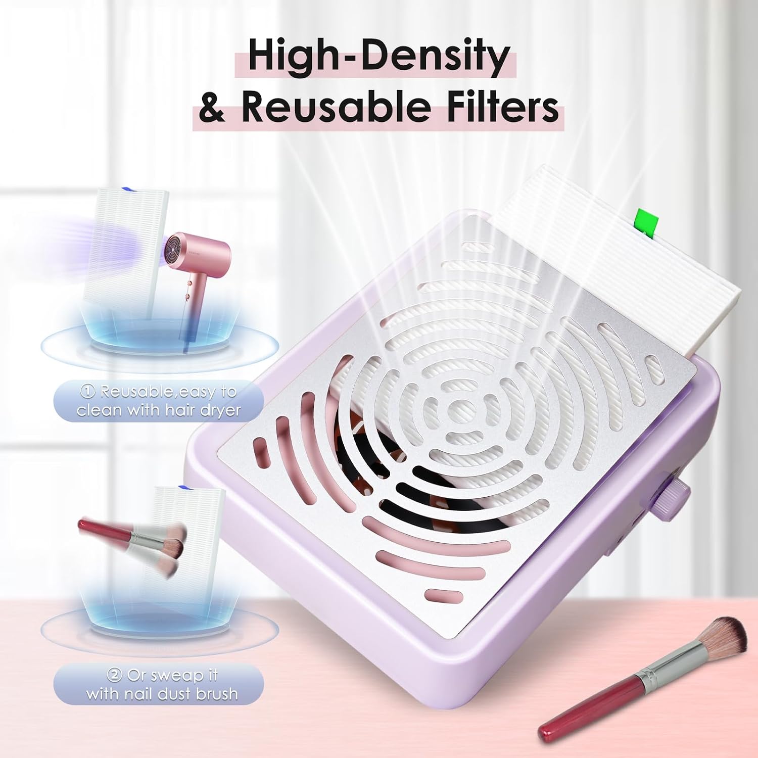 Nail Dust Collector with Lamp&50pcs Disposable Filter&Dusting Brush, Electric Nail Vacuum Cleaner Dust Fan Suction