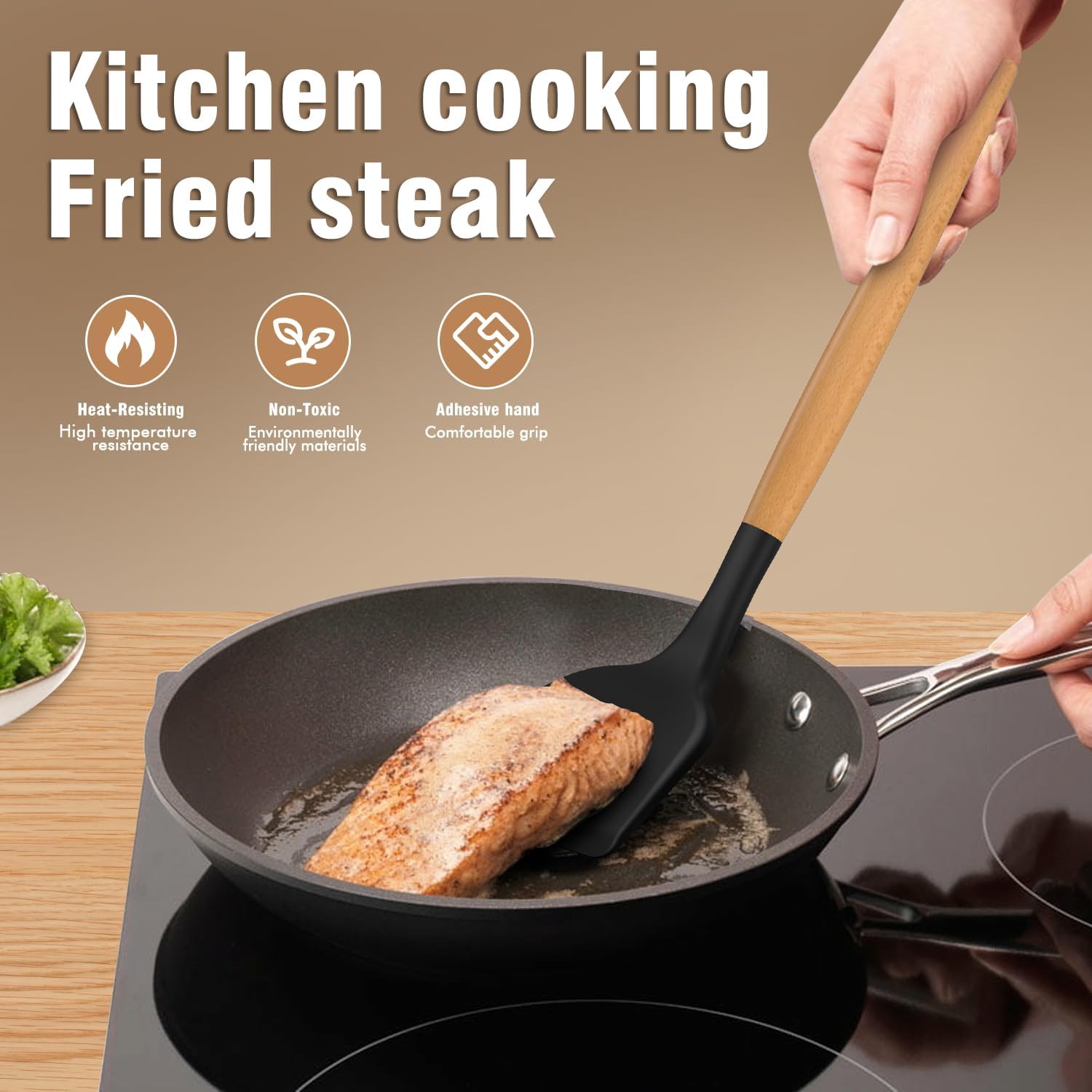 Silicone Cooking Utensils Set - AVGPD Silicone Kitchen Utensils for Cooking Wooden Handles, 446°F Heat Resistant